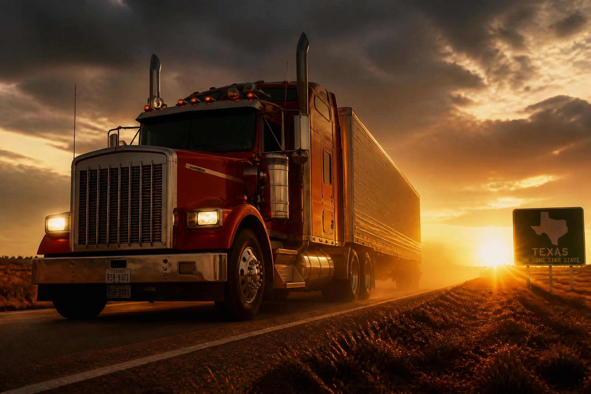 Red Class A semi truck on a Texas highway at sunset