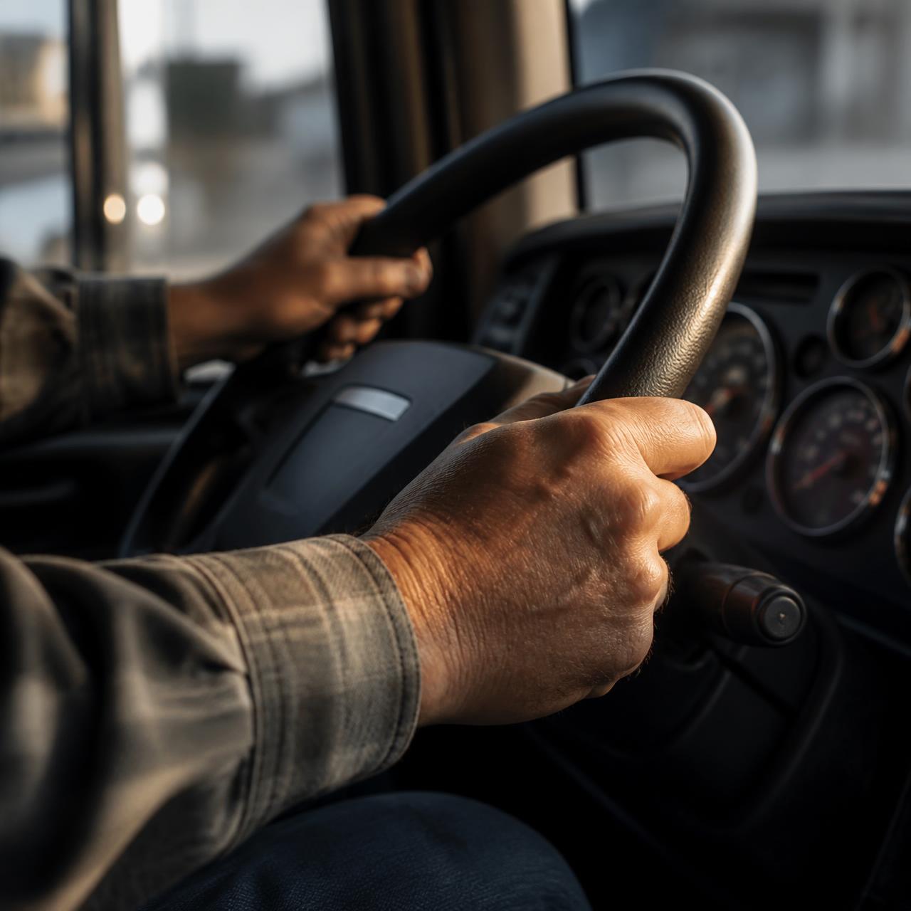 Hands on a semi truck steering wheel